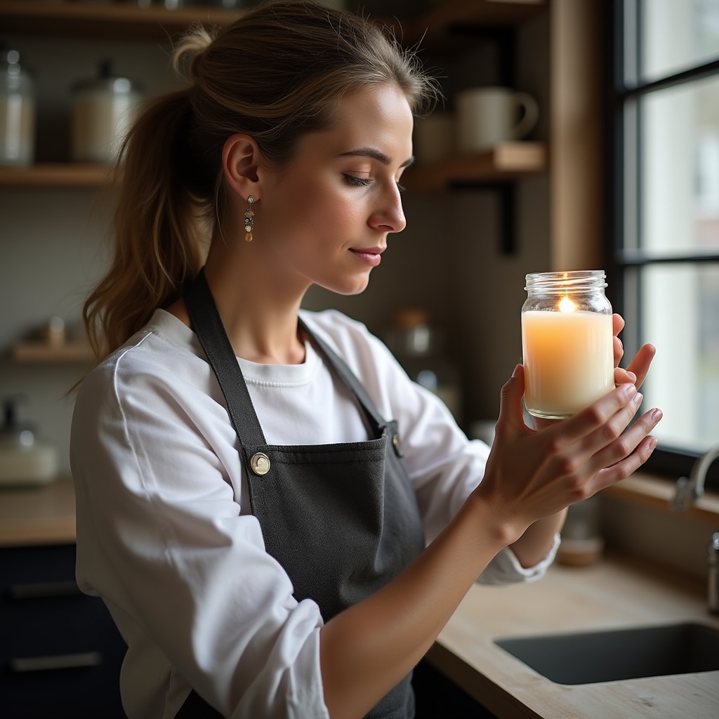 Artigiana Vorenmorlab che controlla la qualità di una candela appena prodotta nel laboratorio