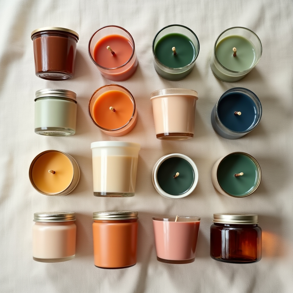 Candele artigianali personalizzate in diversi colori e contenitori per eventi e matrimoni