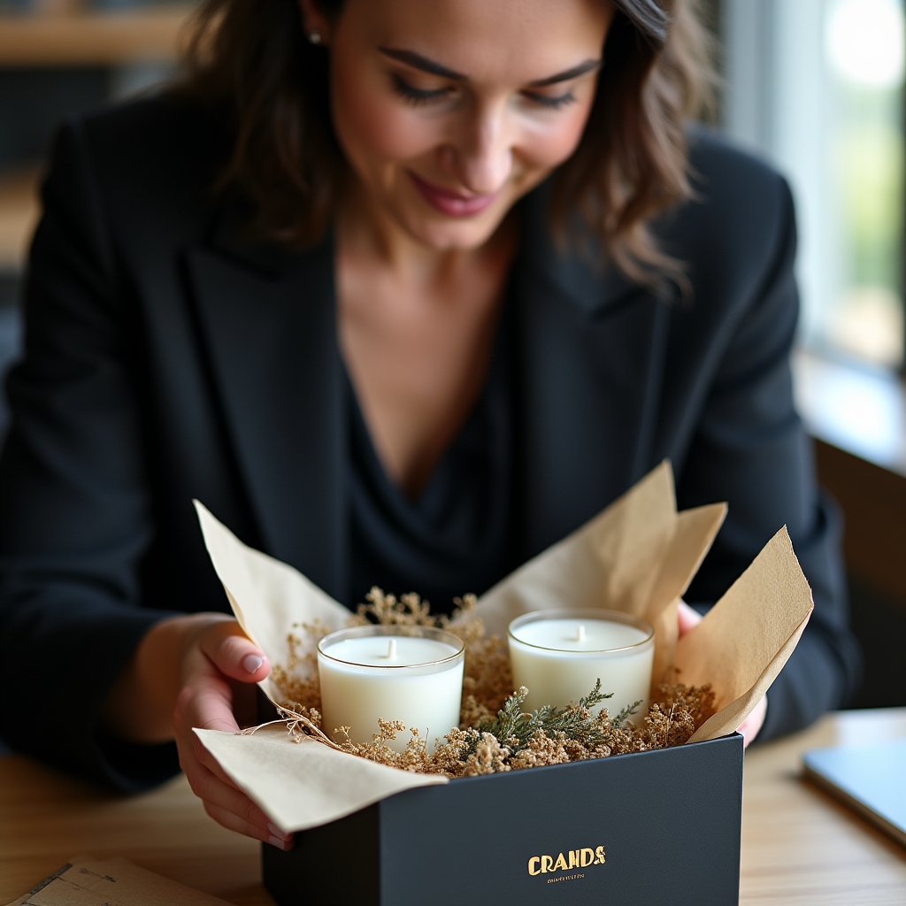 Packaging regalo aziendale con candele personalizzate Vorenmorlab in scatola elegante