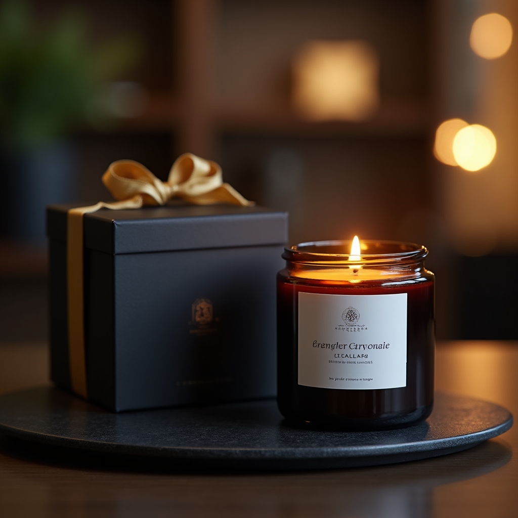 Regalo aziendale con candela personalizzata e logo stampato sull'etichetta in confezione premium