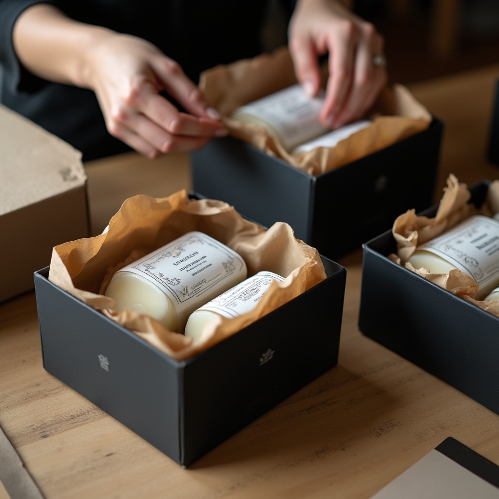 Candele Vorenmorlab pronte per la spedizione con imballaggi protettivi e scatole personalizzate